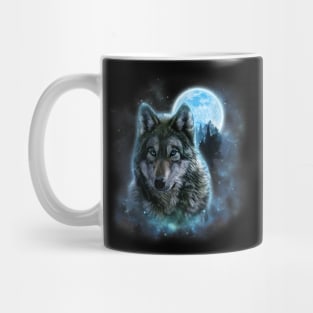 Grey Wolf Hunting Ground with Icy Moon in Forest, Galaxy Mug